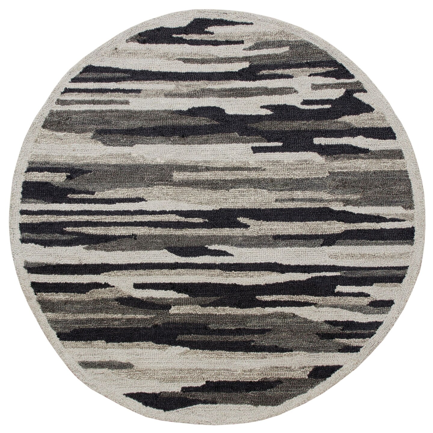 Laddha Home Designs 4' Gray and Black Camouflage Hand Tufted Round Wool Area Throw Rug
