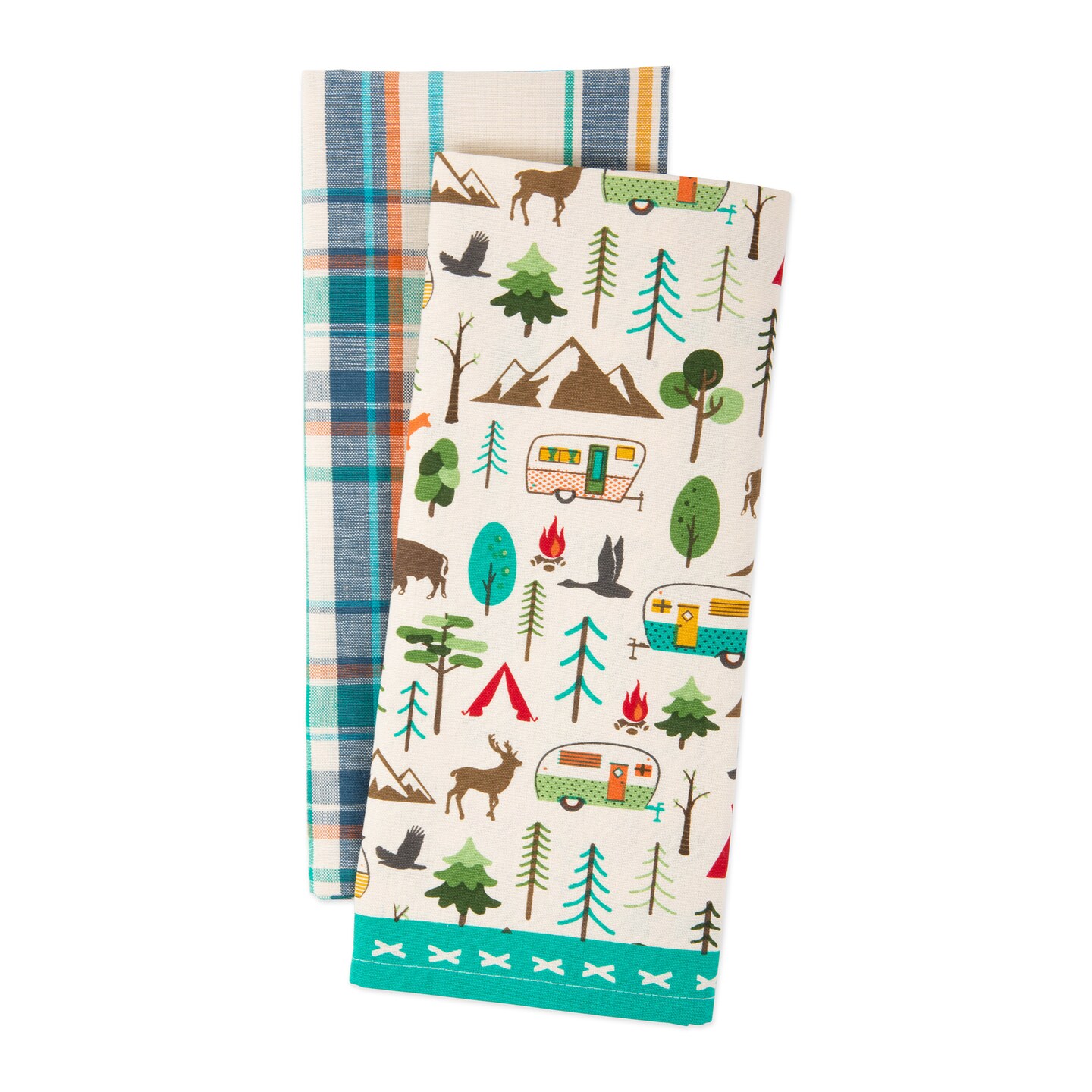 Contemporary Home Living Happy Camper Kitchen Dish Towels - 28&#x22; - Cream and Turquoise - Set of 2