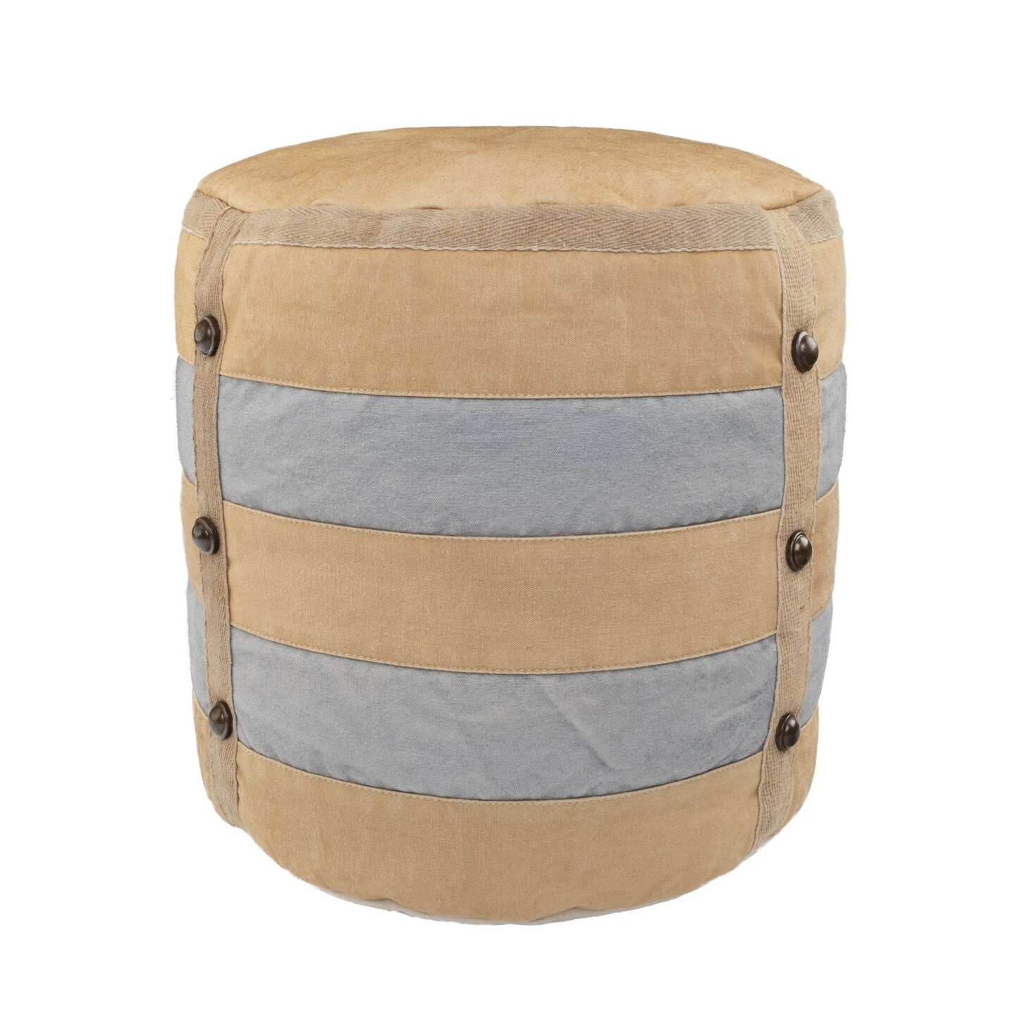 Laddha Home Designs 16" Beige and Gray Farmhouse Striped Handmade Round Pouf Ottoman