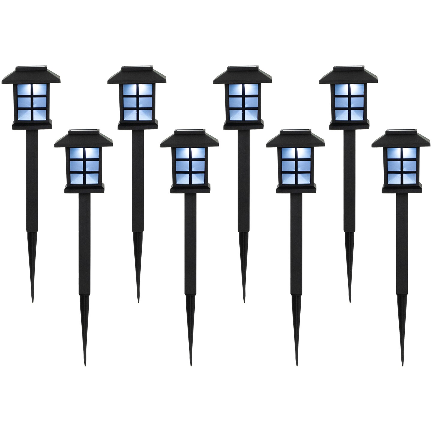 Northlight Set of 8 Black Lantern Style Solar Powered LED Pathway Markers, 14.25"