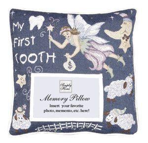 Simply Home 12" Blue and White "My First Tooth" Fairy Square Throw Pillow with Memory Photo Insert