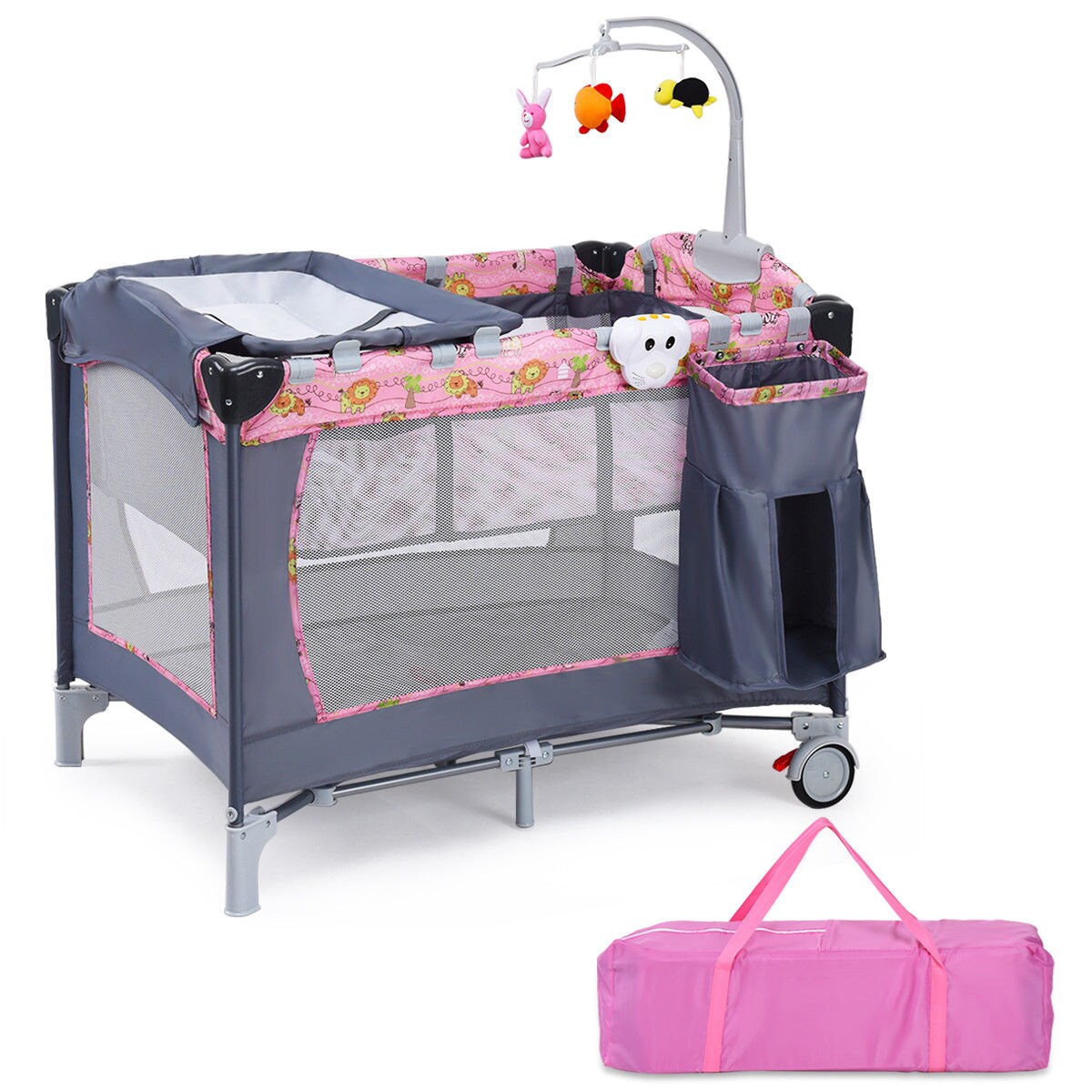 Costway Foldable Baby Crib Playpen Playard Pack Travel Infant 0° Inclined Bassinet Bed Music Pink