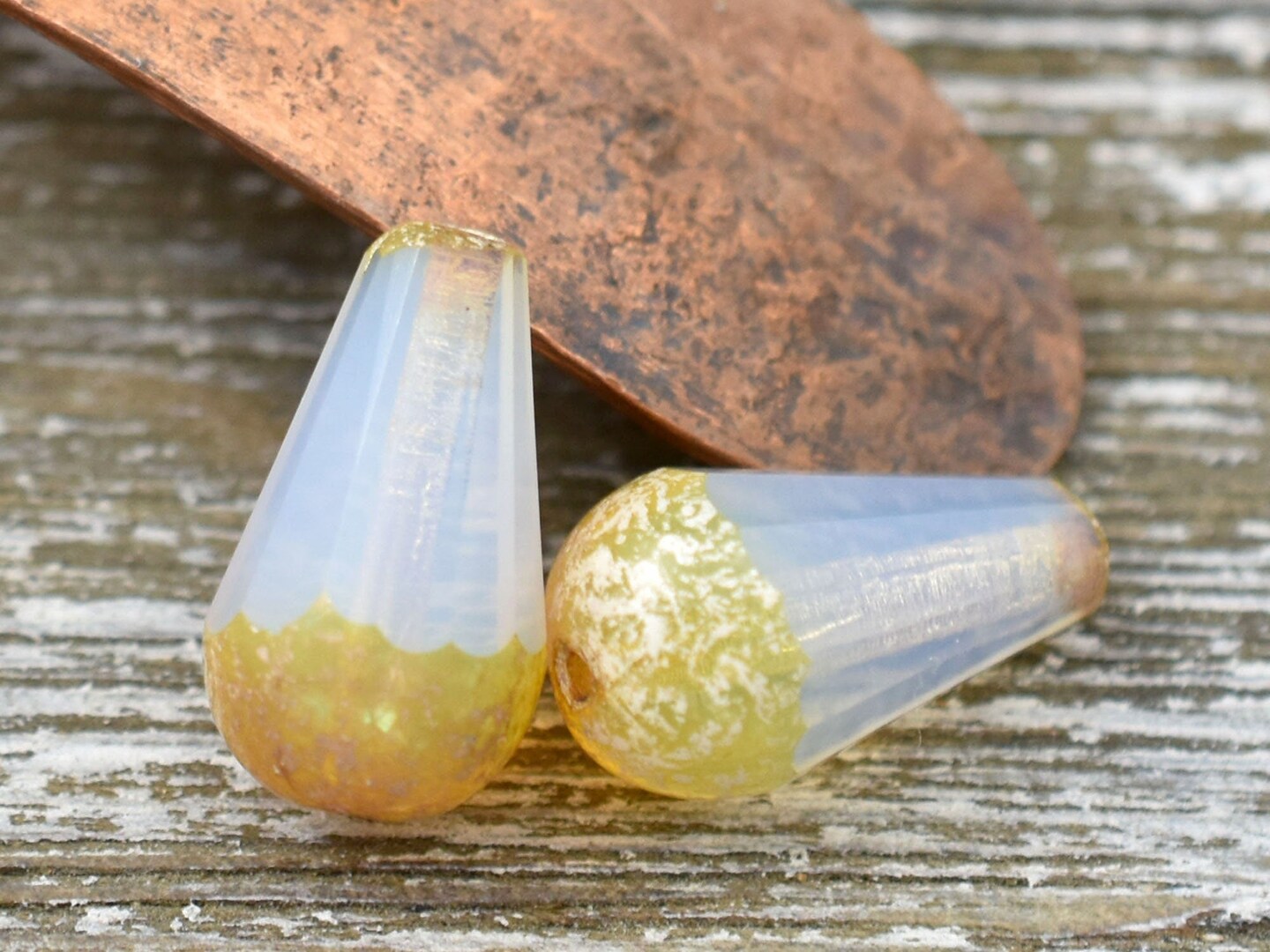 *4* 8x15mm Antique Silver Washed Milky Crystal Picasso Faceted Drop Beads