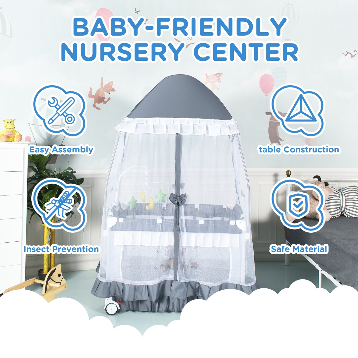 Costway Baby Playard Crib Bed 4 in 1 Portable with Changing Table Canopy Music Box Grey