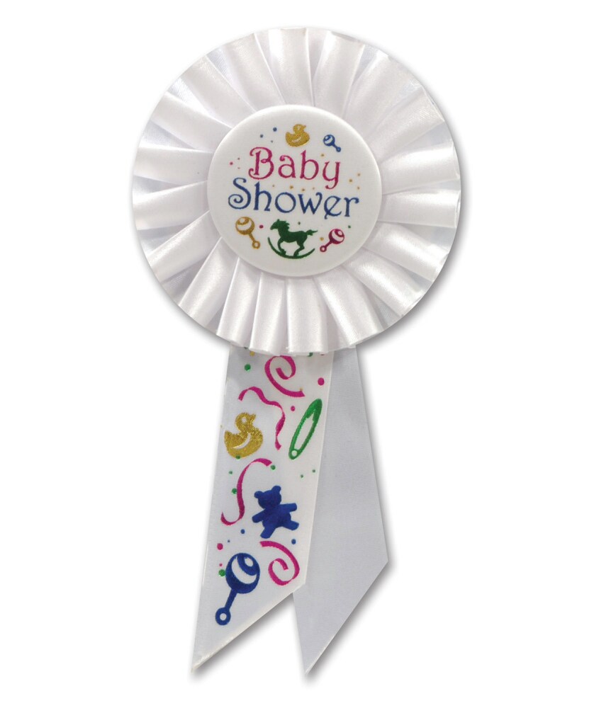 Beistle Pack of 6 White &#x22;Baby Shower&#x22; Party Celebration Rosette Ribbons 6.5&#x22;