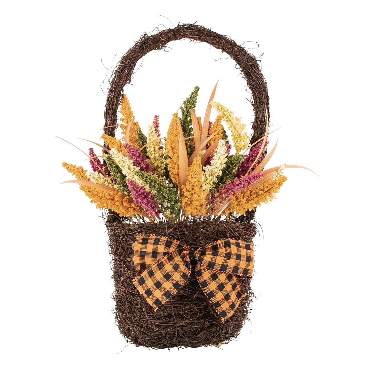 Northlight Autumn Harvest Hanging Basket with Artificial Foliage and Checkered Bow - 22&#x22;