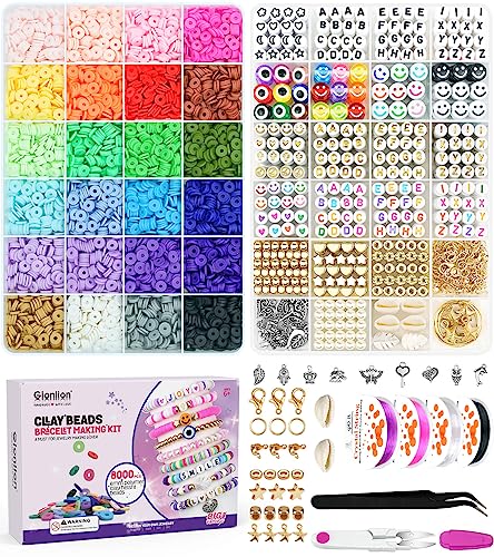 8000 Pieces Clay Beads Kit for Bracelet Making, 2 Boxes 24 Colors Flat Clay Beads Letter Beads Spacer Beads and Charms Kit for Jewelry Making, Jewelry Supplies Crafts Gift for Teen Girls Adults
