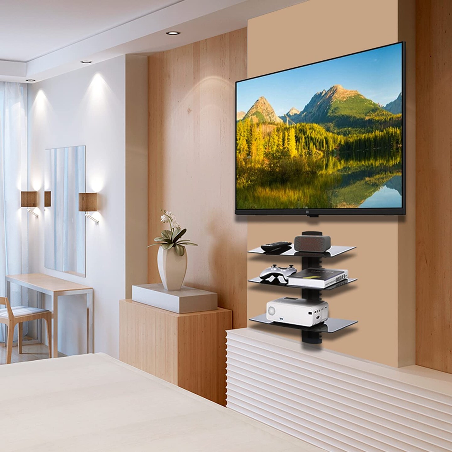 Floating Entertainment Center Shelves, Holds Up to 17.6lbs, TV Shelf with Strengthened Tempered Glasses for DVD Players, Cable Boxes, Games Consoles, TV Accessories (CS303B), 3 Shelf, Black