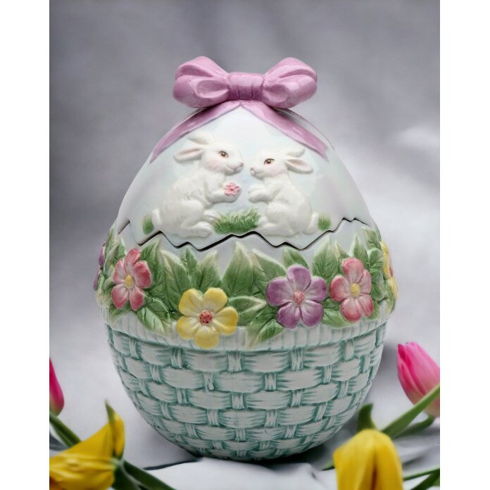 kevinsgiftshoppe Ceramic Egg Shaped Cookie Jar with Bunny Rabbits and Flowers   Kitchen Decor Spring Decor Easter Decor