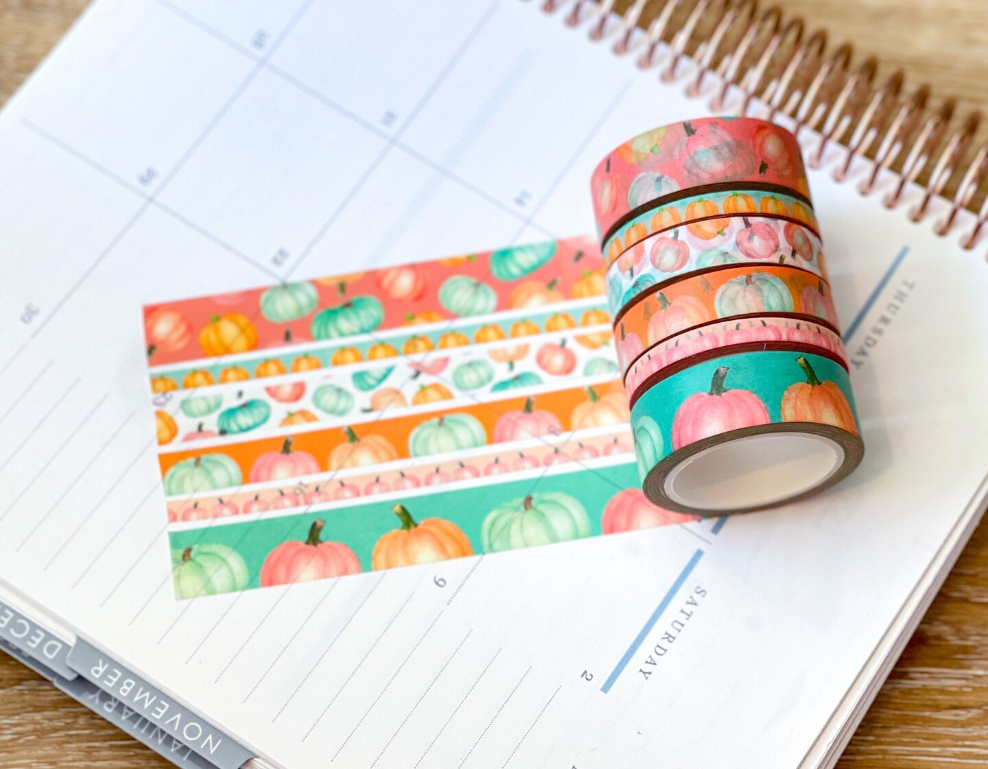 Pastel Boho Teal Pink & Orange Pumpkins Washi Tape Set (#W068)