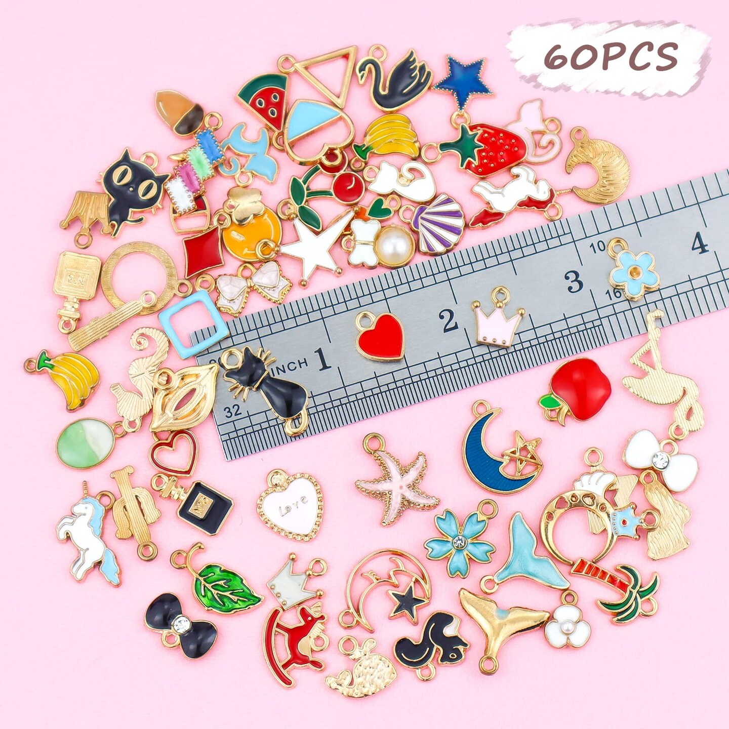 60PCS Assorted Gold Plated Enamel Animal Moon Star Fruit Charm Pendant DIY for Necklace Bracelet Jewelry Making and Crafting