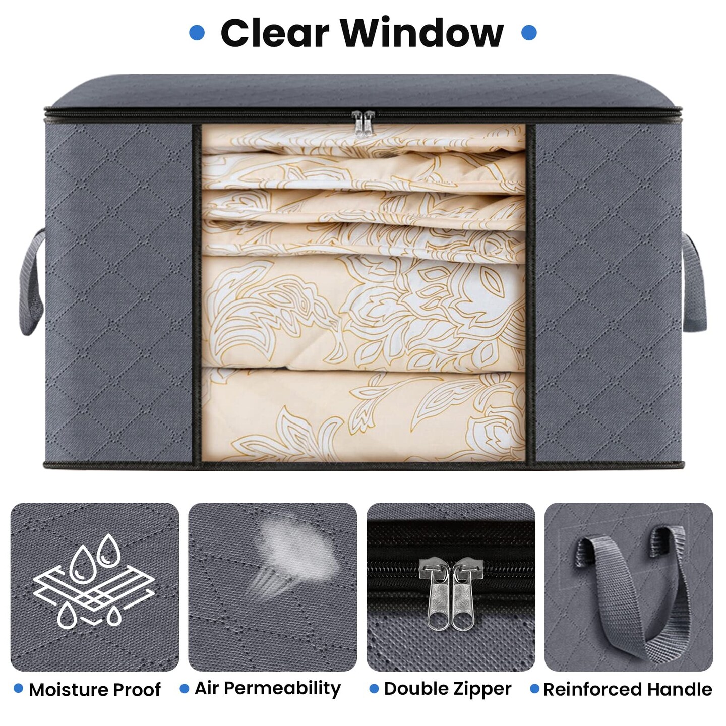 6 Pack Clothes Storage, Foldable Blanket Storage Bags, Storage Containers for Organizing Bedroom, Closet, Clothing, Comforter, Organization and Storage with Lids and Handle, Grey