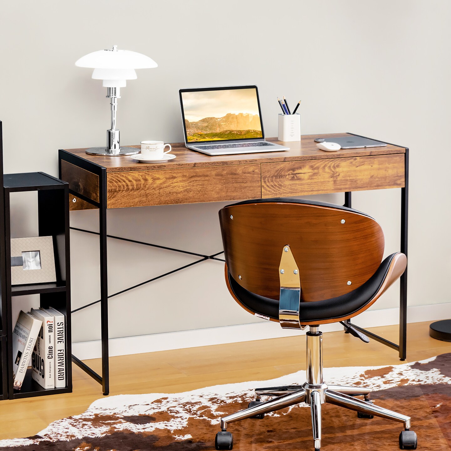 Costway Computer Desk Metal Frame Study Table Home Office Workstation w/2 Drawers