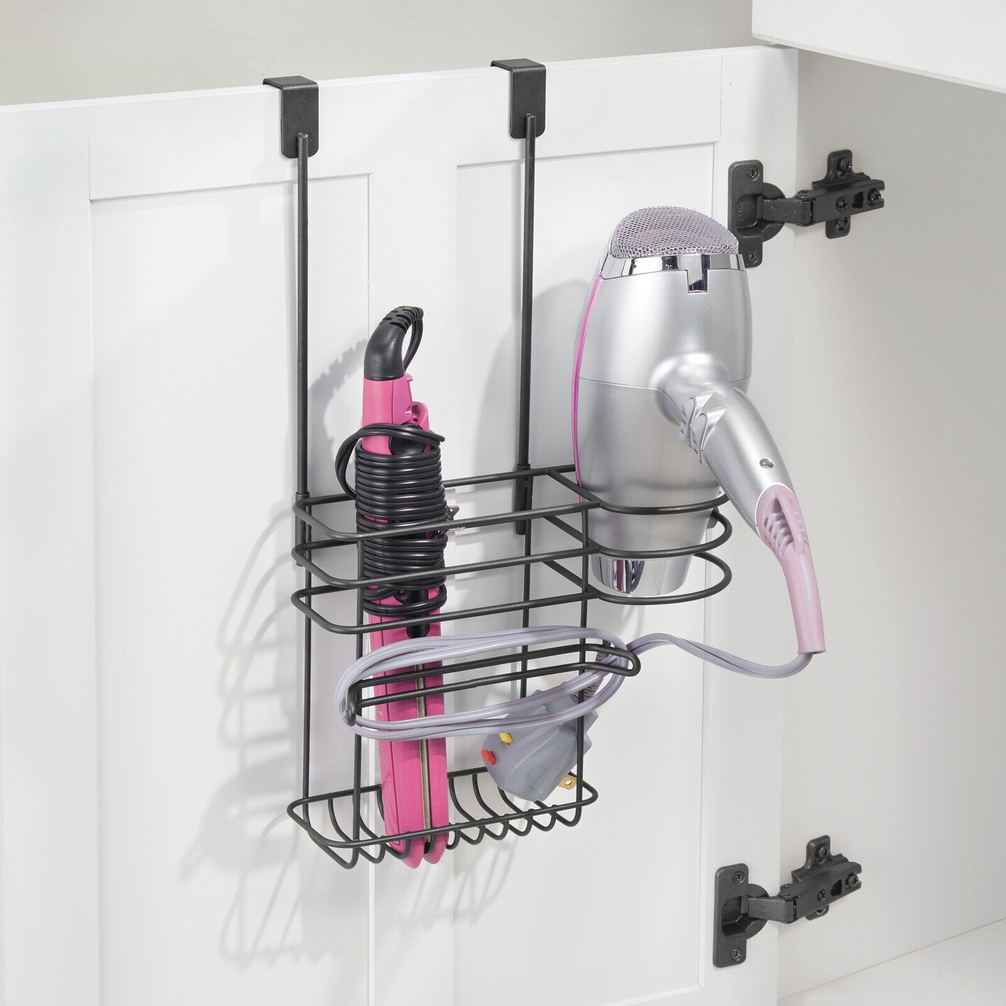 mDesign Metal Bathroom Over Cabinet 2 Section Hair Care Storage Basket