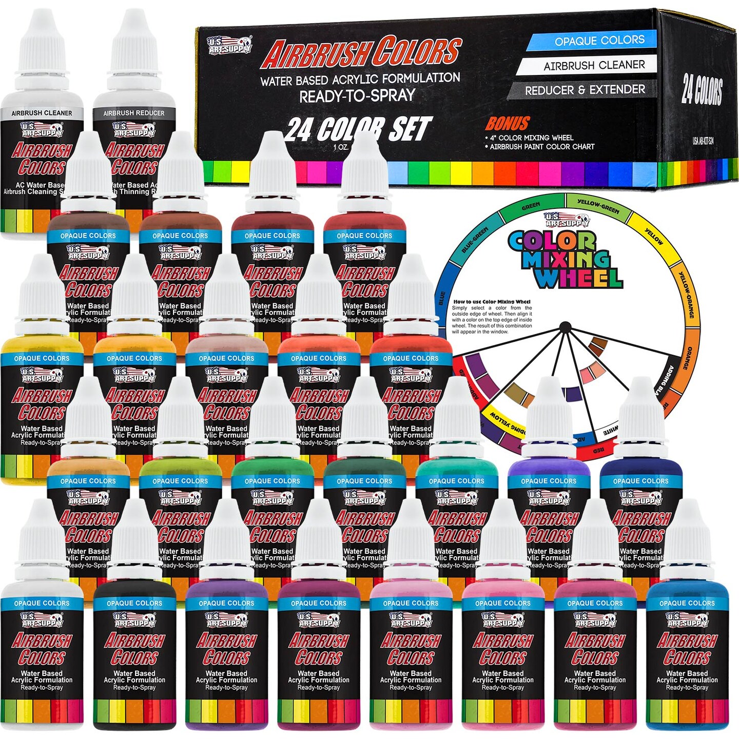 24 Color Acrylic Airbrush Paint Set; Opaque Colors plus Reducer, Cleaner & Color Mixing Wheel, 1