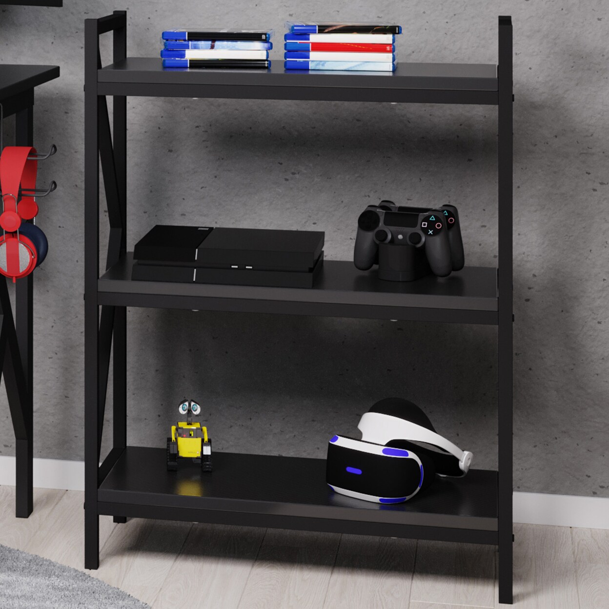 3-Shelf Black Bookcase Console Table Carbon Fiber Finish K-Shaped Legs 25.25&#x22;X11.75&#x22;