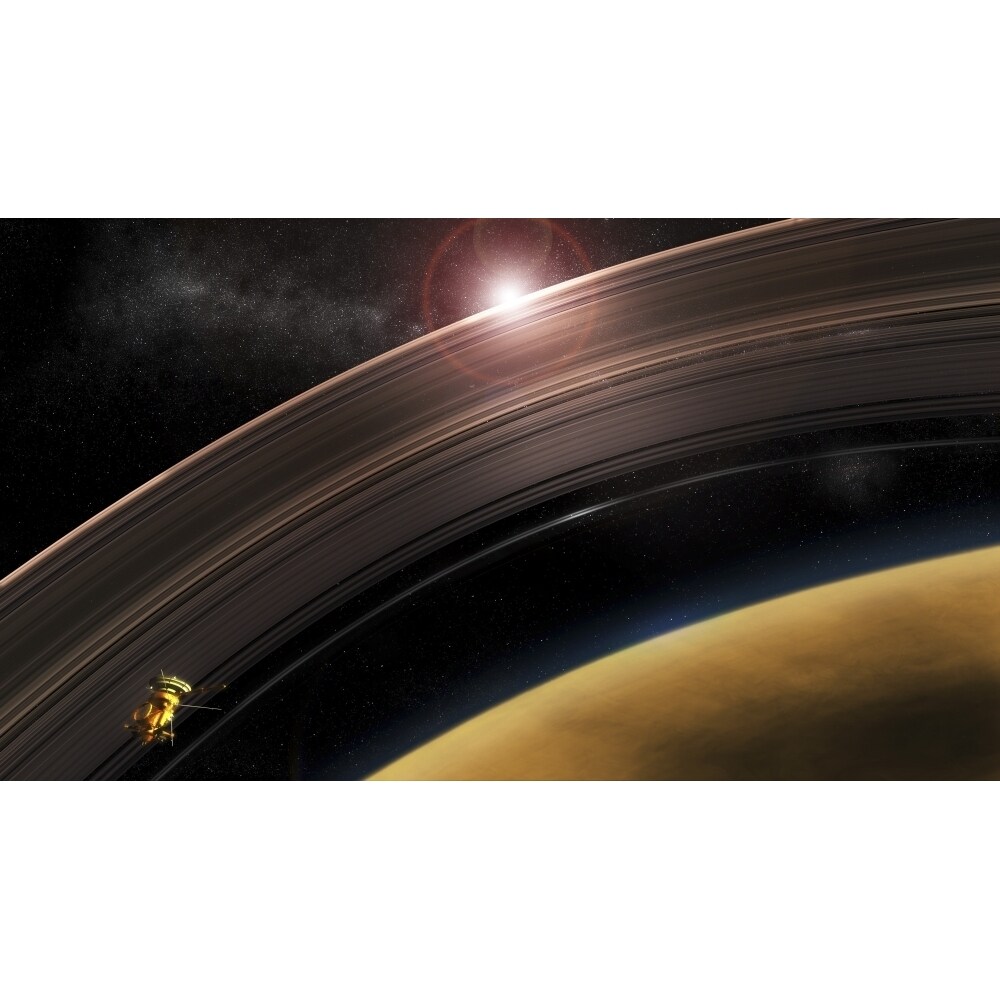 Posterazzi Cassini flies high risk orbits between Saturns rings and the planet itself. Poster Print by Steven Hobbs/Stocktrek Imag