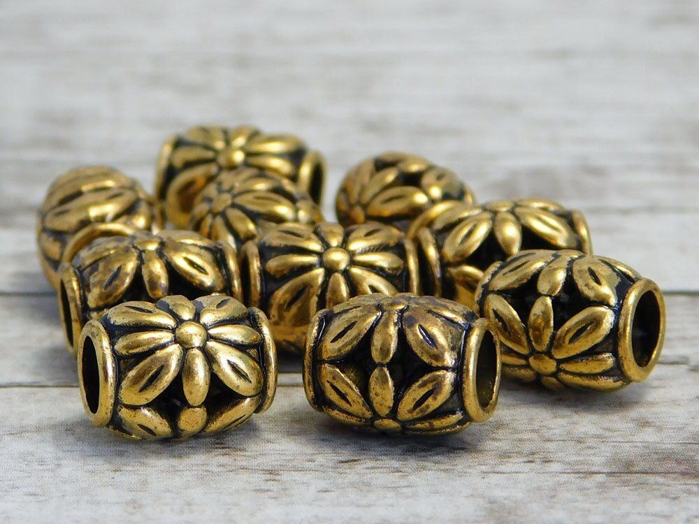 *10* 10x8mm Antique Gold Large Hole Barrel Beads