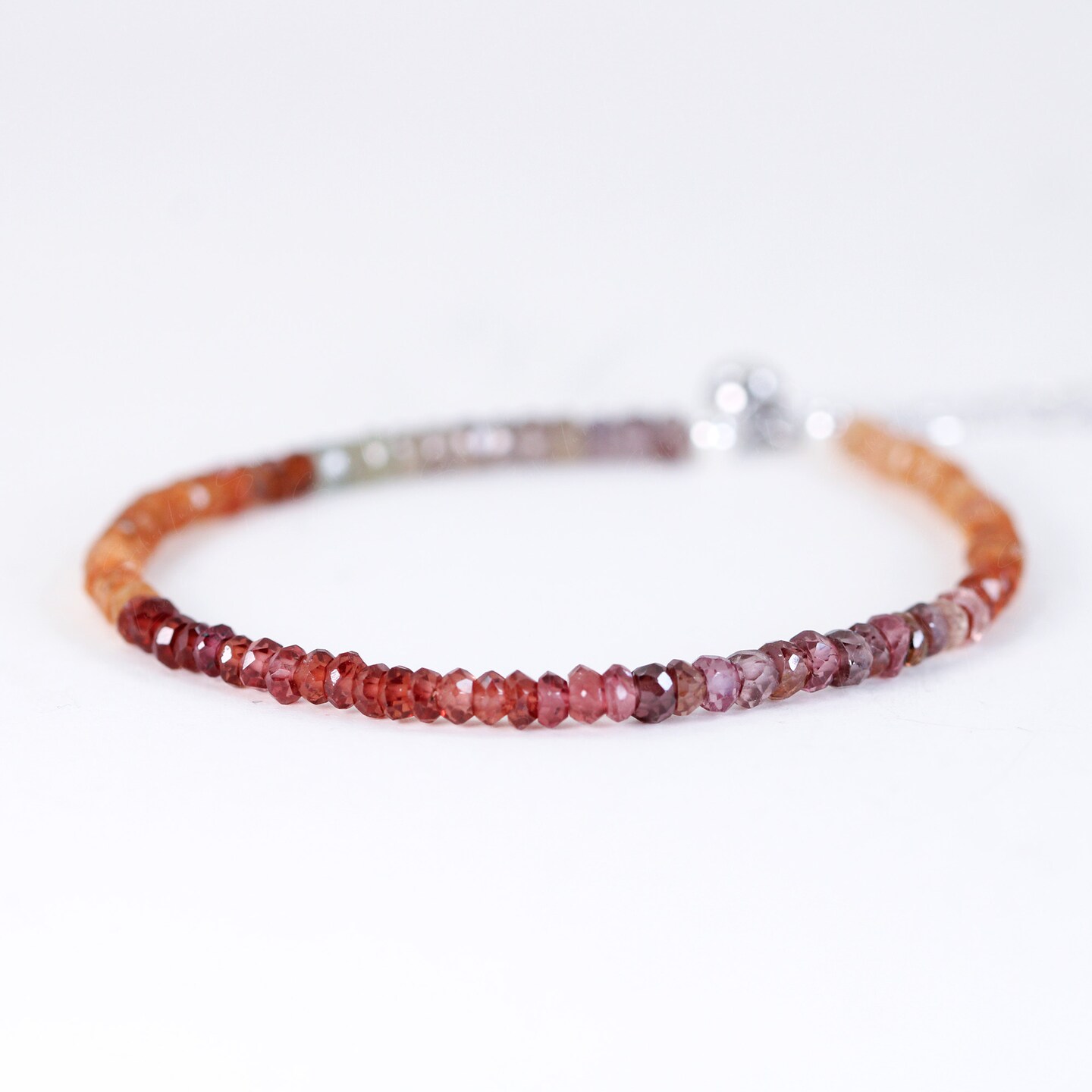 Rainbow faceted garnet natural stone beaded bracelet with sterling silver chain