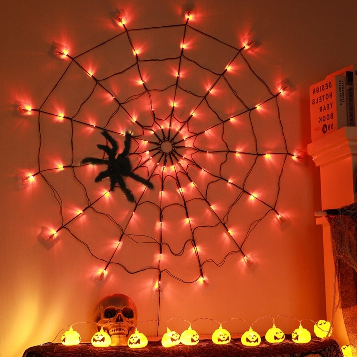 3.28Ft Spider Web Light With Hairy Spider 70Led Battery Powered Remote Control 8 Lighting Modes Glowing Outdoor Indoor