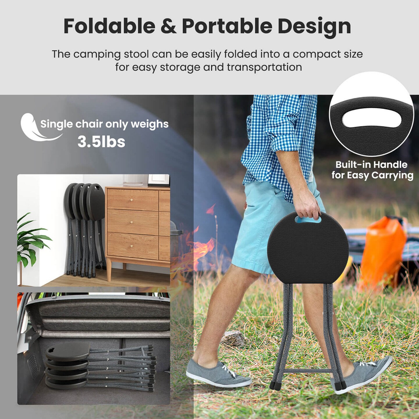 Costway 1/2 PCS 18"H Folding Stool Portable & Foldable Camping Chair with Built-in Handle Black
