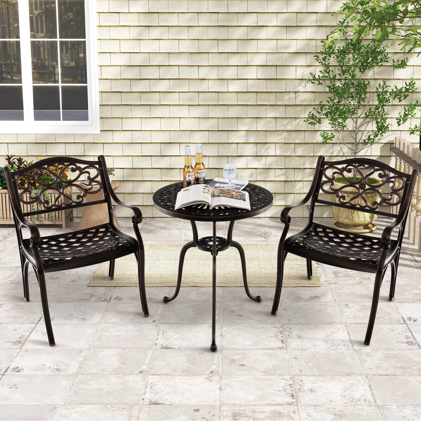 Costway 2/4 PCS Cast Aluminum Patio Chairs Set of 2 Outdoor Dining with Armrests &#x26; Curved Seats Bronze