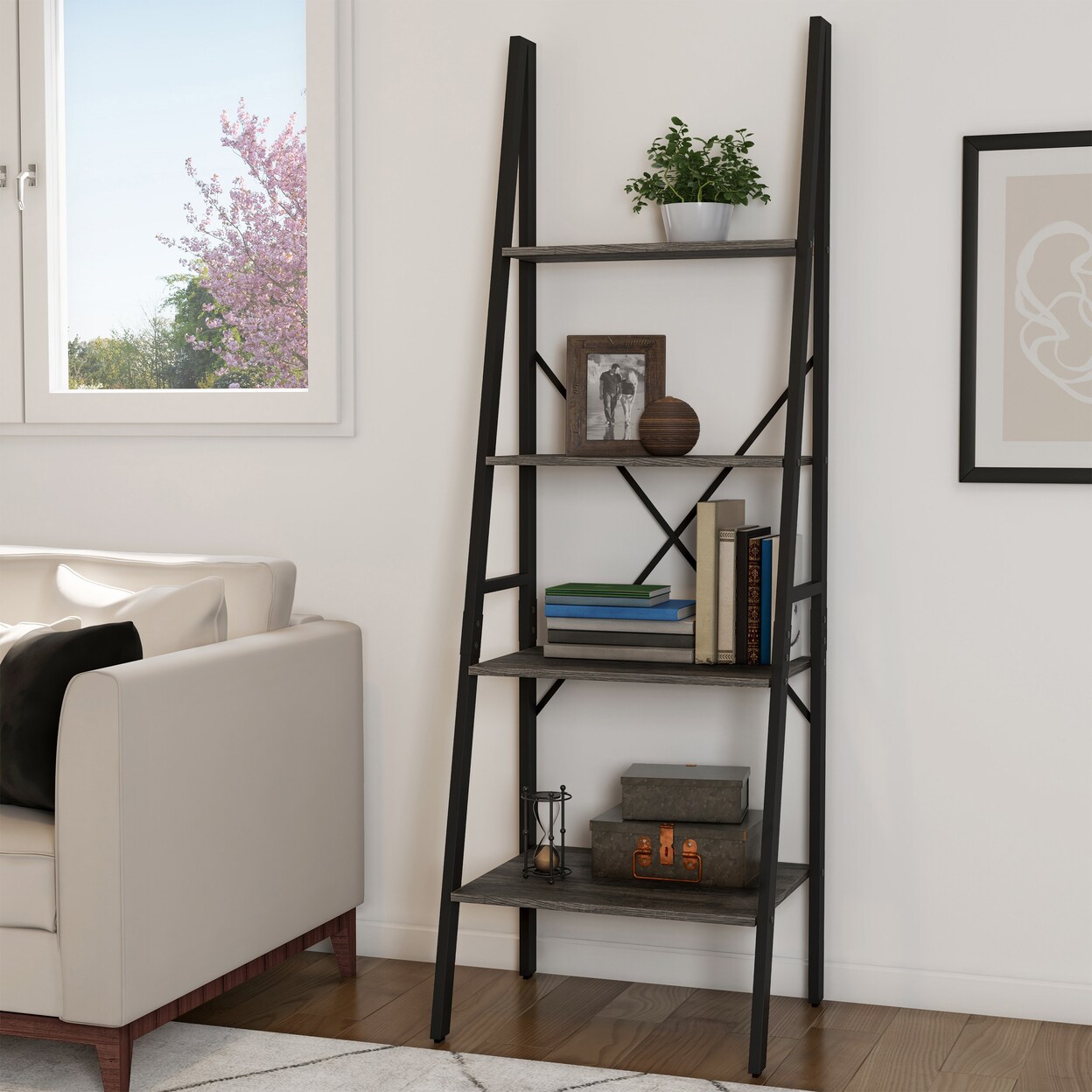 4-Tier Wooden Ladder Bookshelf Freestanding Gray Etagere Bookcase 70.5&#x22; Tall