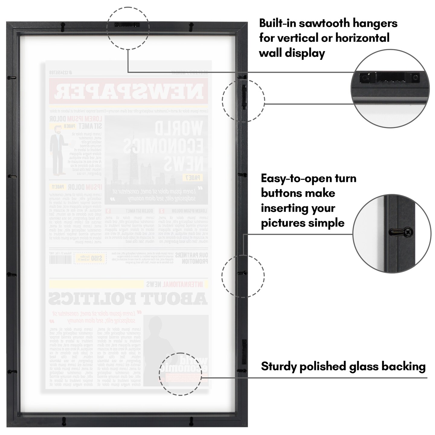 Americanflat 15x26 Floating Newspaper Frame - Ideal for Showcasing Newspaper Front Page - Easy Open Buttons for Loading Photos - Shatter Resistant Glass- Hanging Hardware - Black