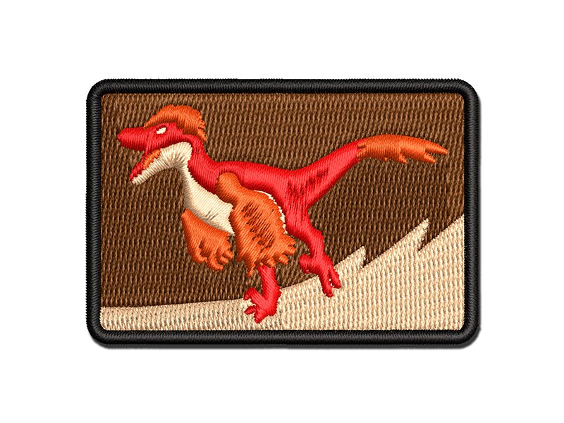 Velociraptor Dinosaur Running Multi-Color Embroidered Iron-On or Hook &#x26; Loop Patch Applique