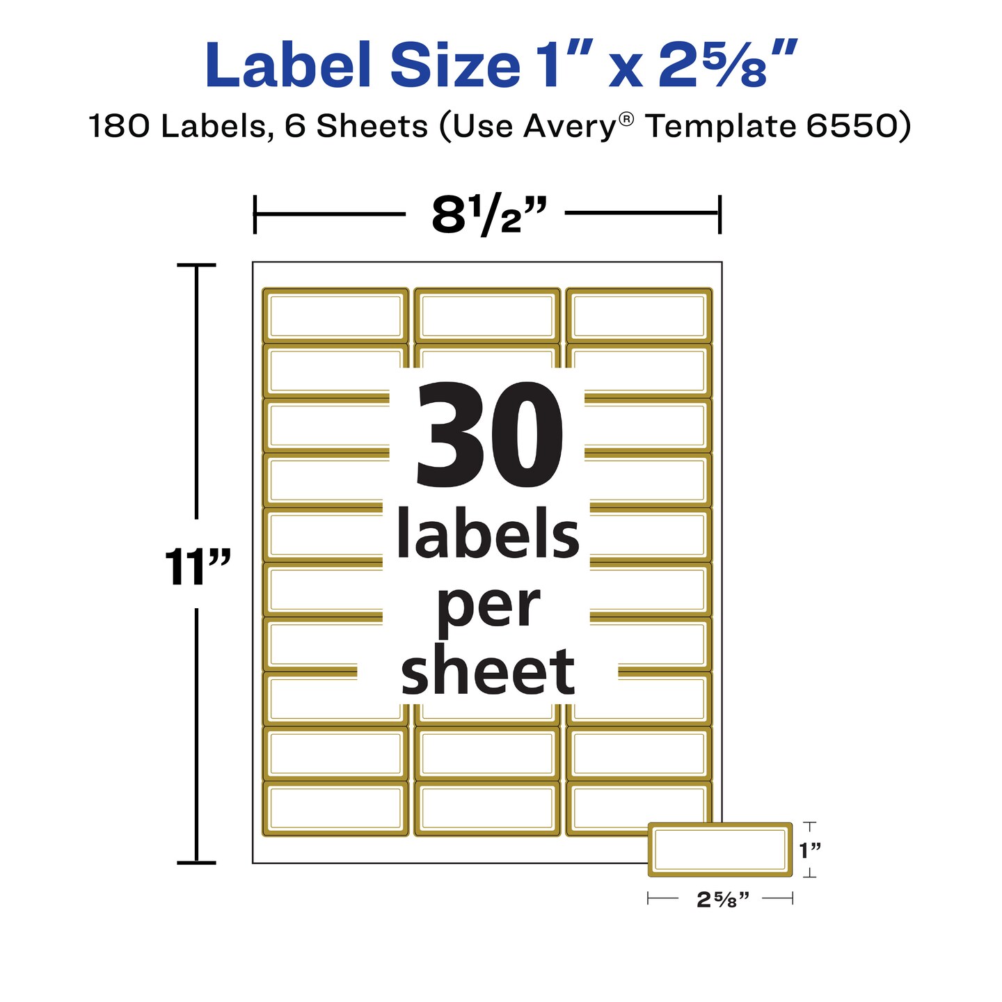 Avery Glossy Clear Labels with Metallic Gold Label Borders, 1" x 2-5/8" Rectangle Labels, 180 Total, Laser/Inkjet Printable Labels (6550)
