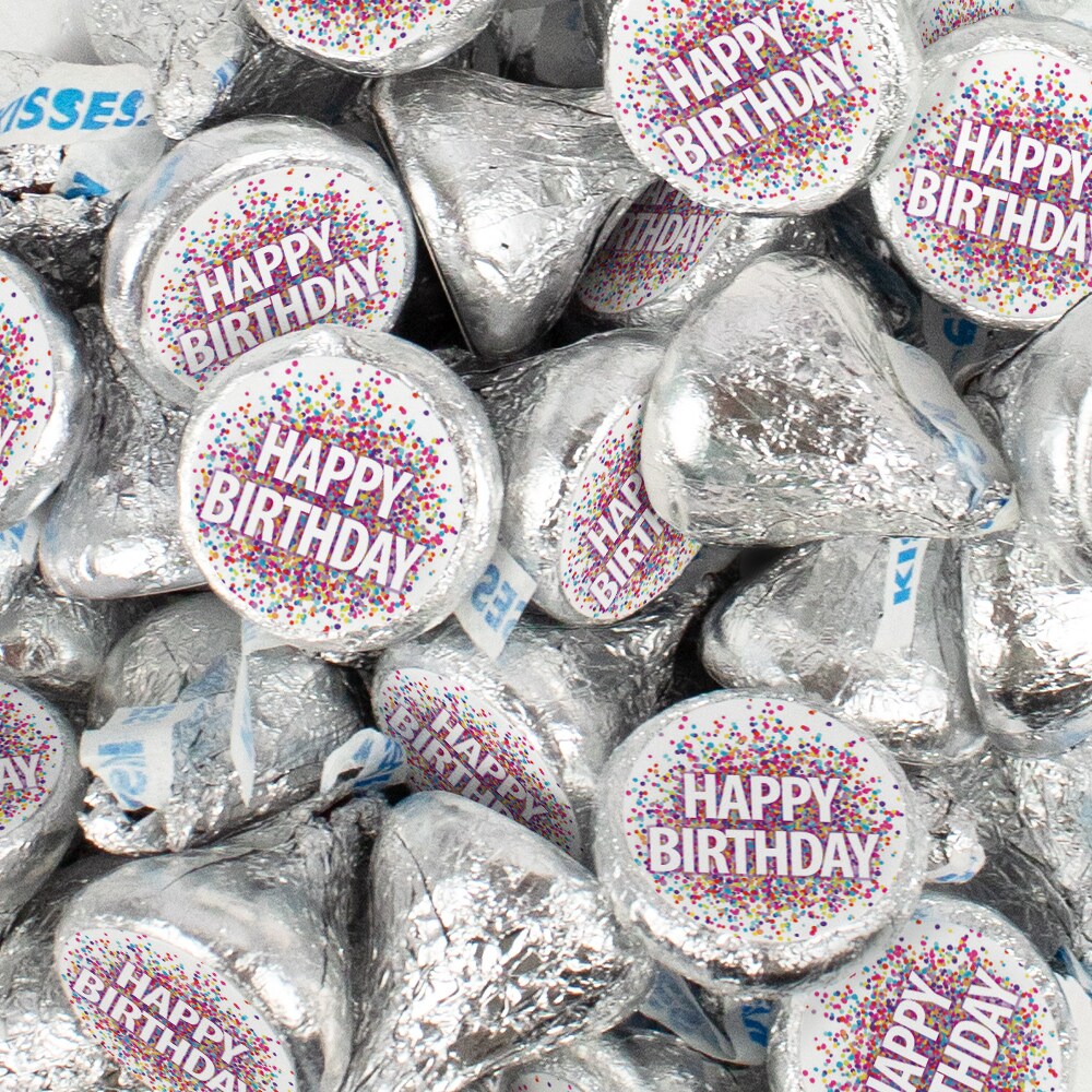 Birthday Candy Party Favors (Choose 100 Pcs Milk Chocolate Hershey&#x27;s Kisses, 40 Pcs Wrapped Miniatures or Both) - Confetti Themed
