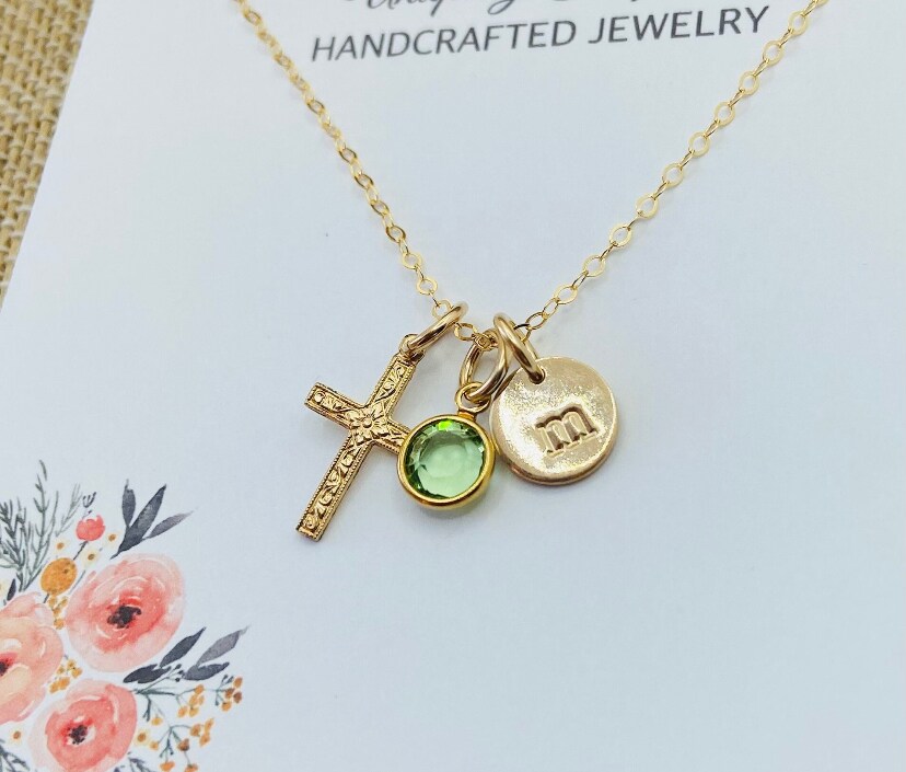 Birthstone Necklace Monogram Cross Necklace Personalized Small