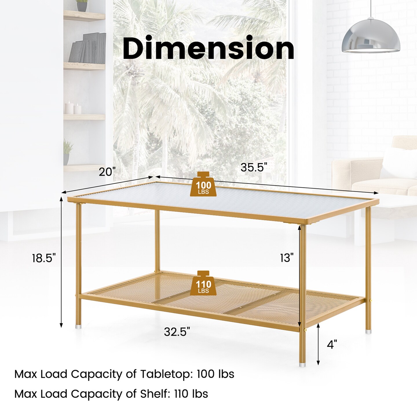 Costway 2-Tier Coffee Table with Shelf with Tempered Glass Top & Metal Frame Living Room