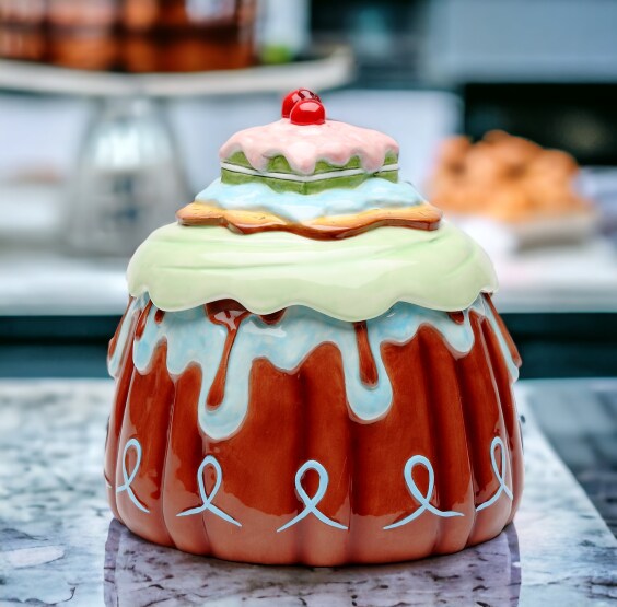 Hand Painted Ceramic Cake Cookie Jar, Home D&#xE9;cor, Gift for Her, Gift for Mom, Kitchen D&#xE9;cor, Cafe Decor, Bakery Decor