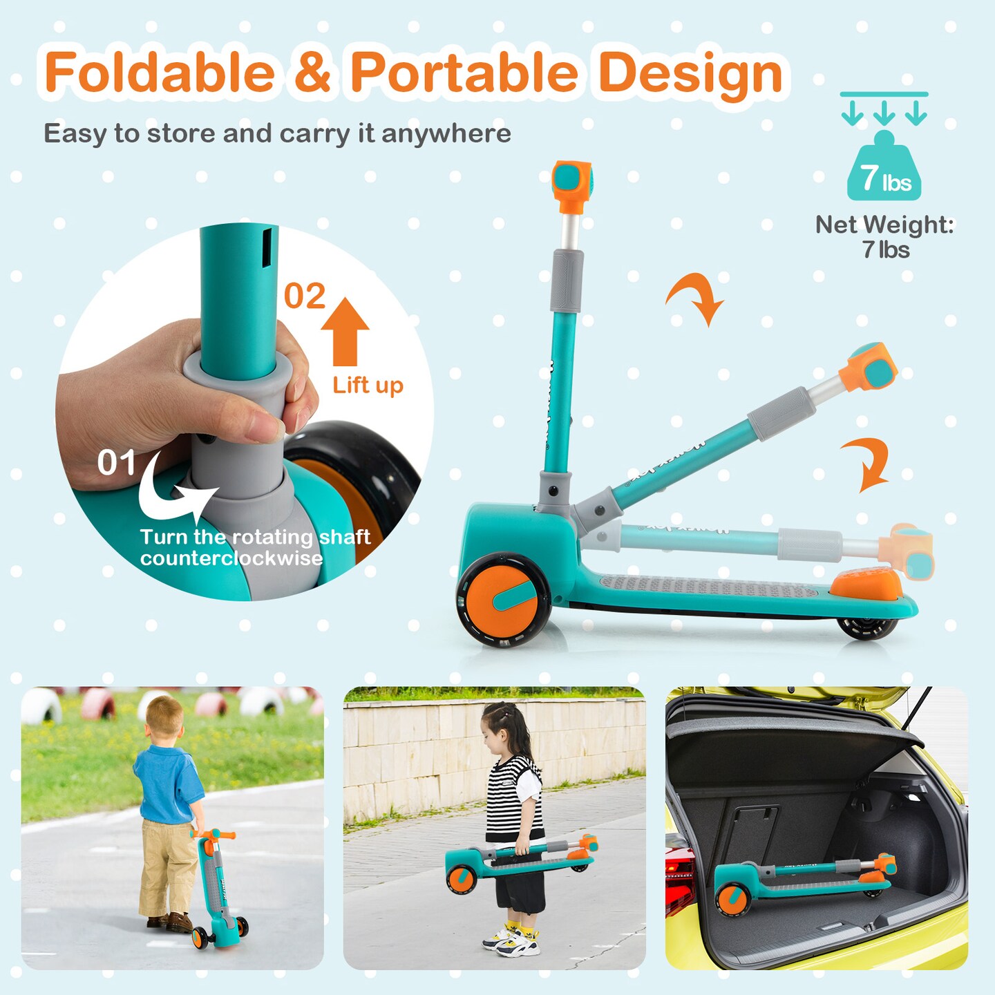 3 Adjustable Heights Foldable Kids Toy Scooter with LED Flashing Wheels Horn and 4 Emoji Covers