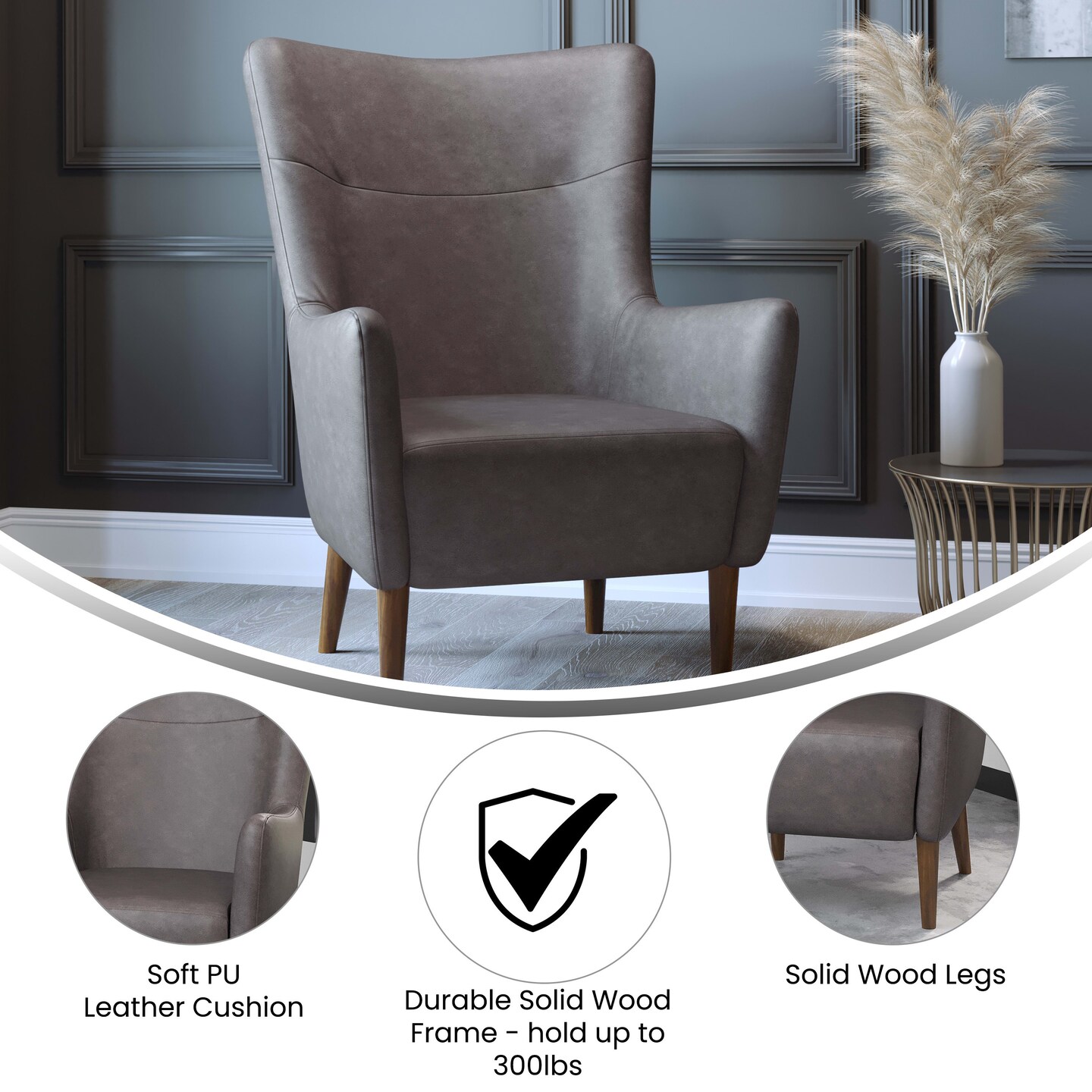 Merrick Lane Regal Traditional Wingback Accent Chair, Faux Leather Upholstery and Wooden Frame and Legs