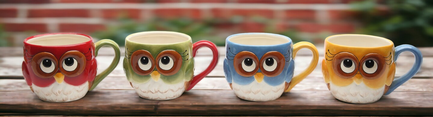Ceramic Set Of 4 Colorful Owl Mugs, Home D&#xE9;cor, Gift for Her, Gift for Mom, Kitchen D&#xE9;cor, Birdwatcher Gift
