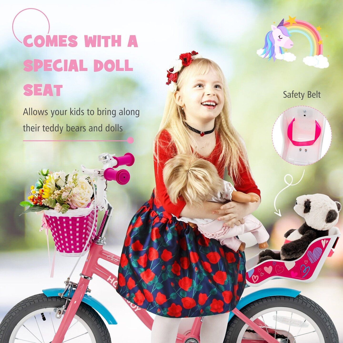 Pink Kids Bicycle with Training Wheels and Beautiful Basket for Girls