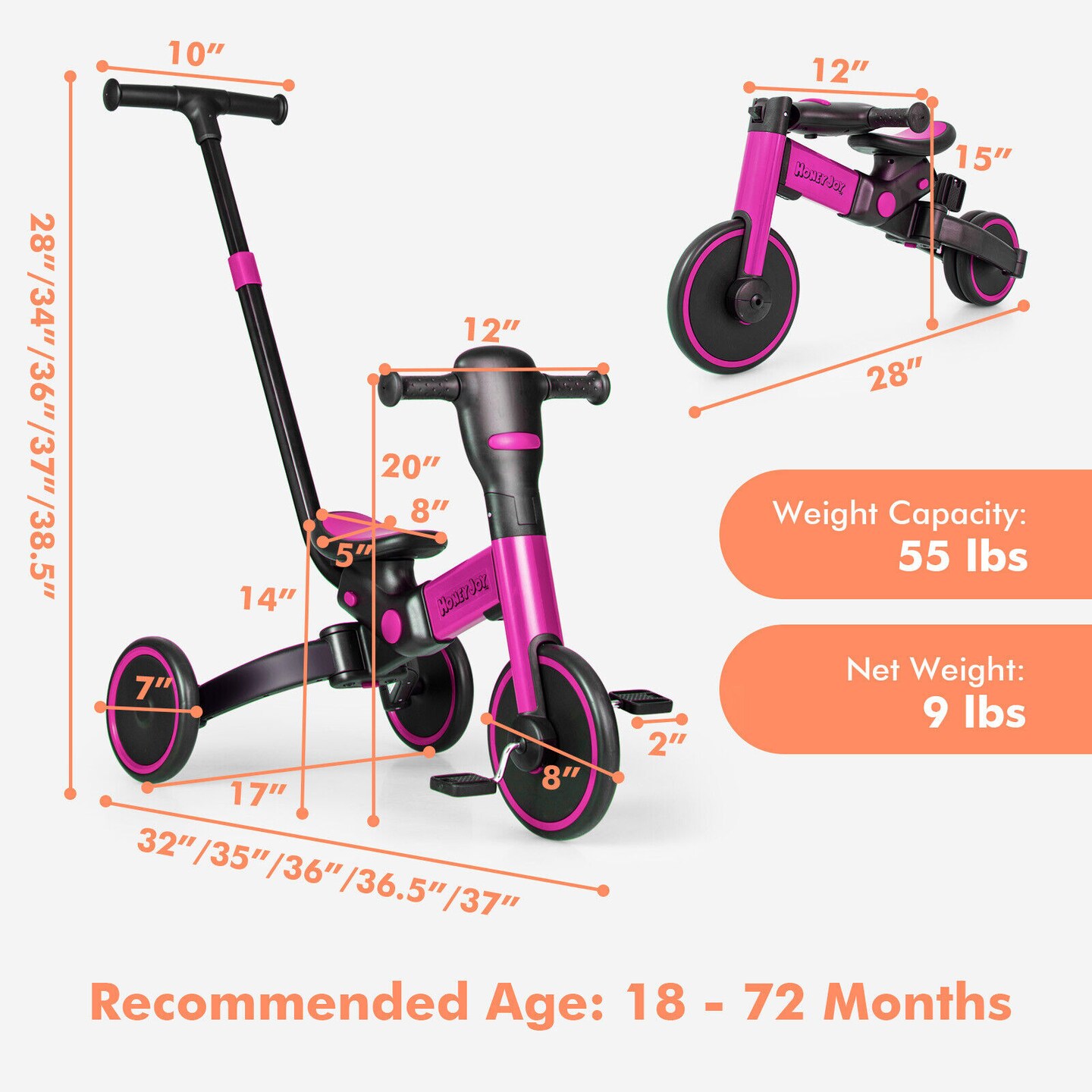 4-in-1 Kids Tricycle with Adjustable Parent Push Handle and Detachable Pedals
