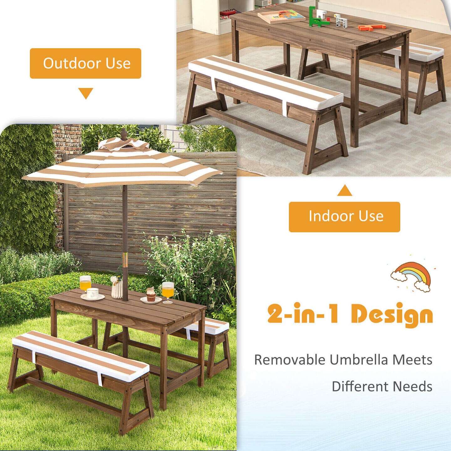 Kids Picnic Table and Bench Set with Cushions and Height Adjustable Umbrella