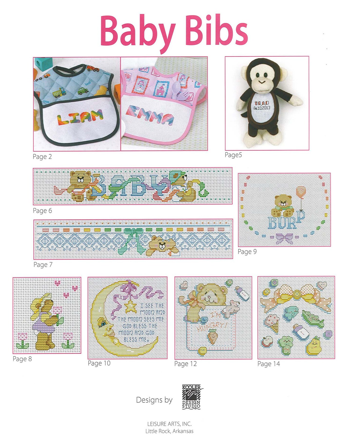 Leisure Arts Baby Bibs Cross Stitch Book, Counted Cross Stitch Baby Patterns, Monogram and Teddy Bear Designs for Bibs, 14 Count Fabric, 16 Pages Softcover
