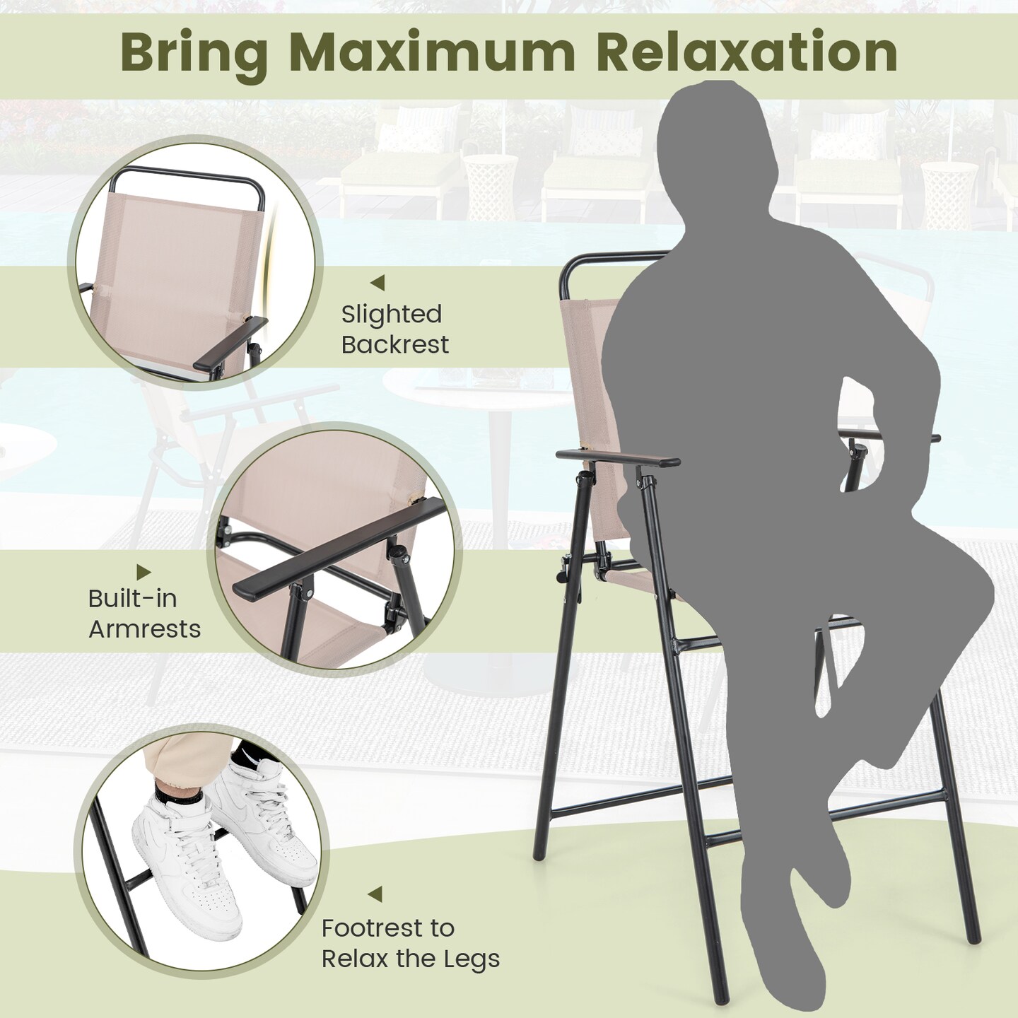 Costway Patio Folding Bar-height Chairs with Armrests Quick-drying Seat Beige Backyard