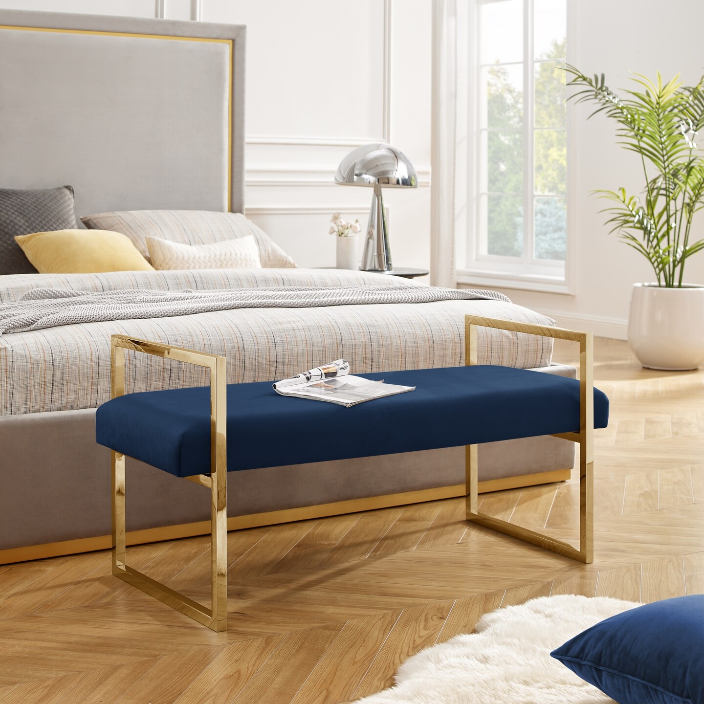 Maja Velvet/PU Leather Bench With Chrome/Gold Base