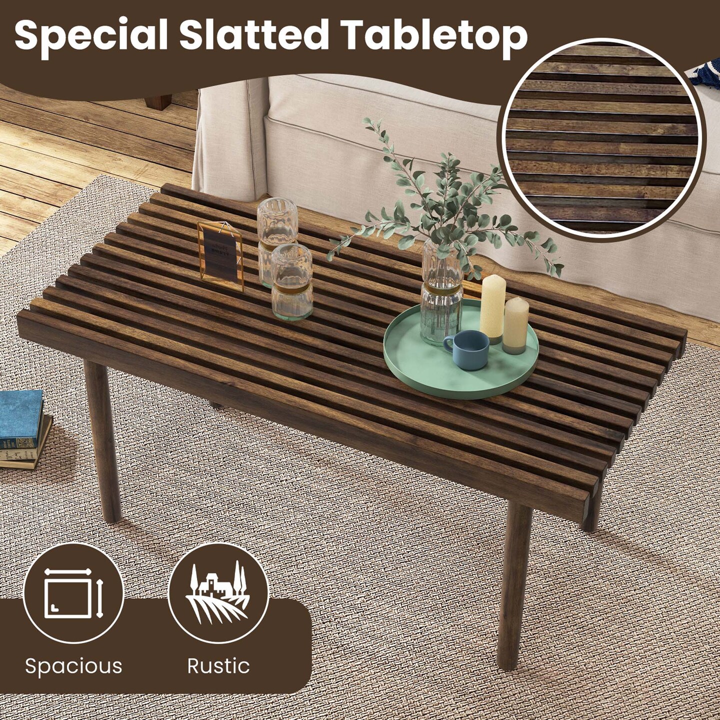 Costway 39" Coffee Table Rubber Wood Rectangle Cocktail Tea Table Slatted Tabletop Brown