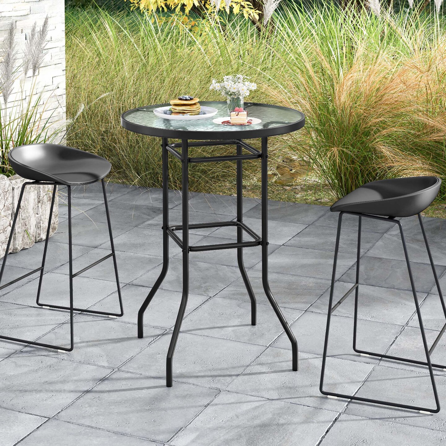 Costway 38'' Patio Round Counter Height Bar Table withTempered Glass Tabletop Poolside