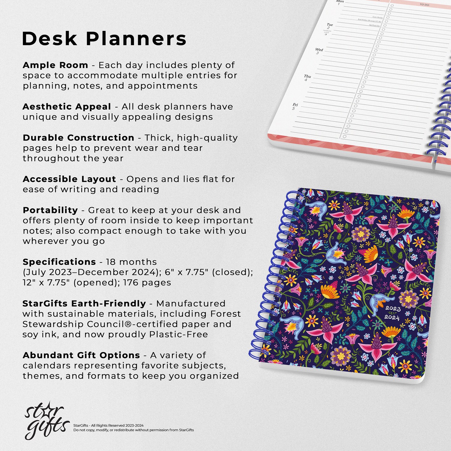 Floral Splendor | 2024 6 x 7.75 Inch 18 Months Weekly Desk Planner | July 2023 - December 2024 | StarGifts | Planning Stationery