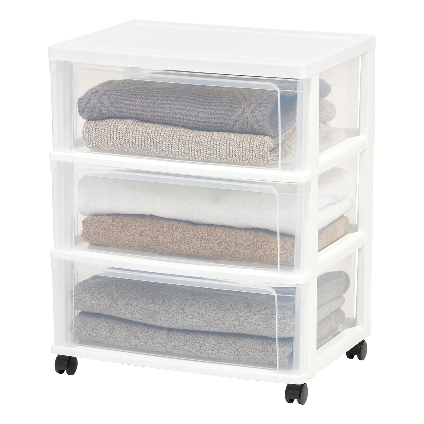 IRIS USA 3 Drawer Wide Storage Drawer Cart with Caster Wheels, Plastic Rolling Dresser for Home Closet Bedroom Bathroom Office Laundry Kitchen Craft Room Nursery and School Dorm, White/Clear