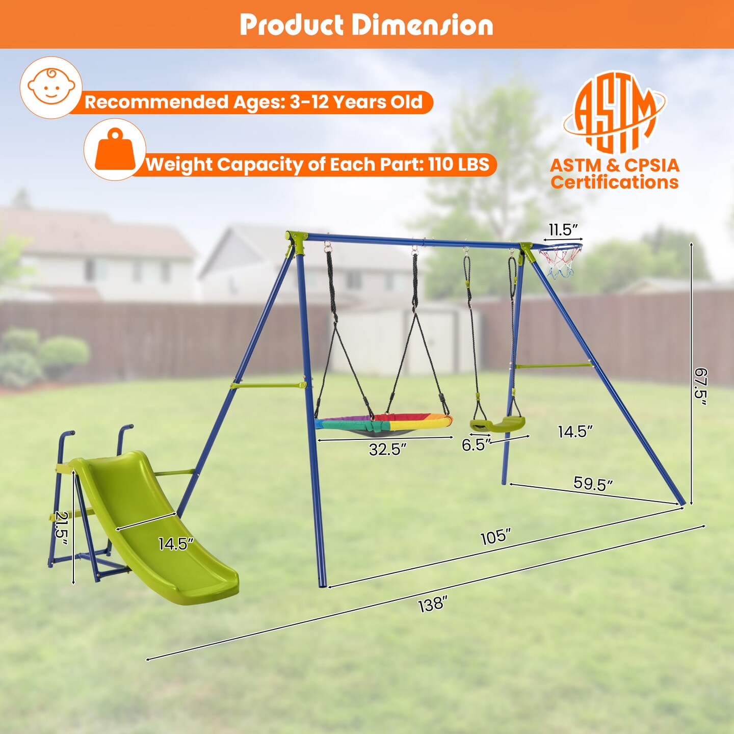 Backyard Swing Set with Slide Swings and Basketball Hoop Multicolor