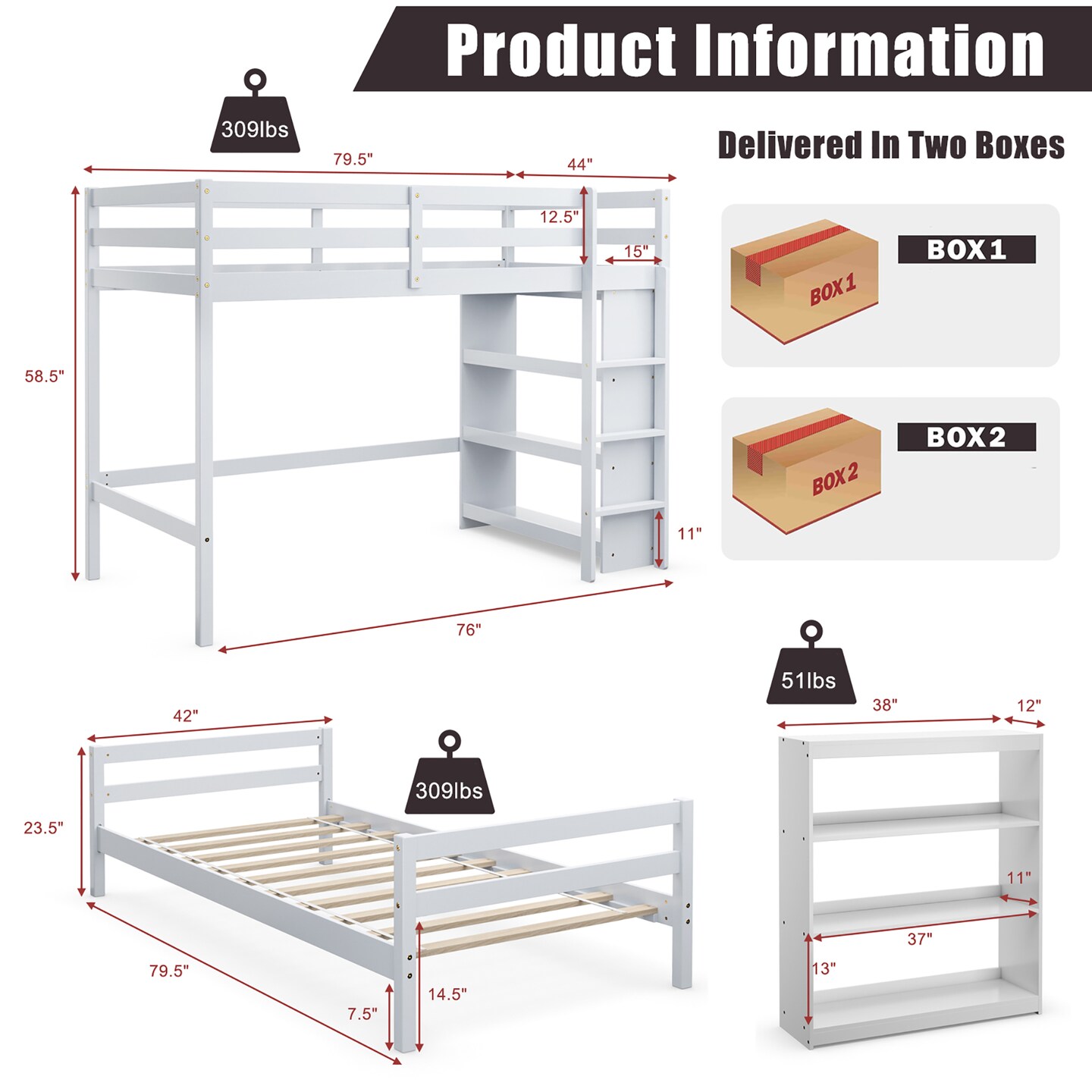 Costway Twin Over Twin Loft Bunk Bed Wood w/Bookcase Guardrail Ladder Kids Bedroom