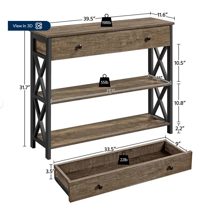 Taupe Wood with Dark Frame Console Table with 1 Drawer and 2 Shelves in Wood and Iron